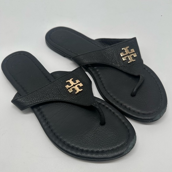 Tory Burch Shoes - Tory Burch Black Leather Thong Sandals with Gold Emblem Logo